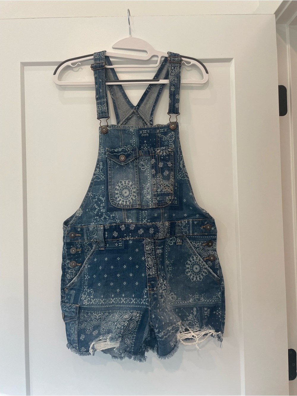 No Boundaries Blue Denim Bandana Print Jean Short Overalls